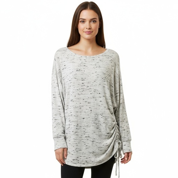 Express Long Sleeve Top M Heather Grey Marble Drawstring Ruched Cozy Modern Chic - Picture 1 of 12